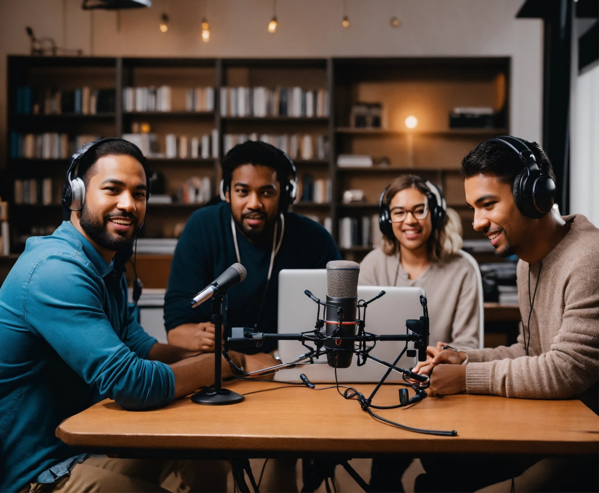 Grupo reunido em uma mesa gravando um podcast